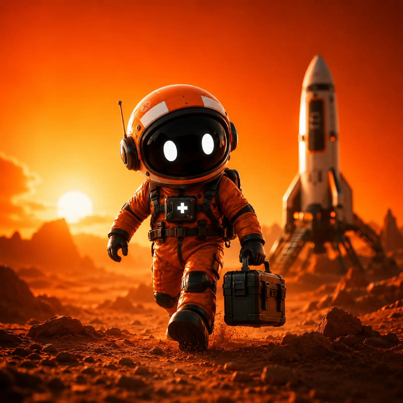 Plus, la mascota de CTA+, vestida de astronauta junto a un cohete